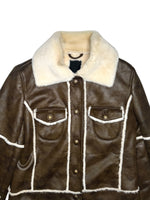 Vintage 2000s Y2K Bohemian Brown Utilitarian Faux Leather Collared Button Down Jacket With Faux Fur Lining | Size M