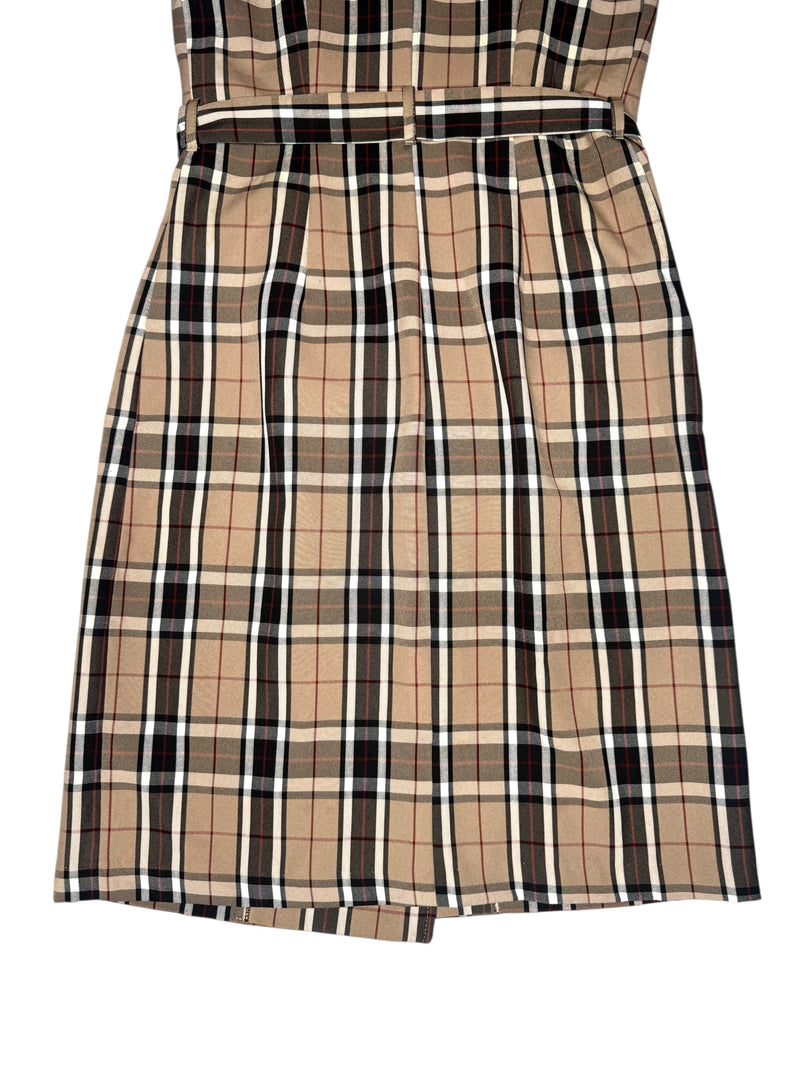 Vintage 90s Y2K Preppy Tartan Plaid Check Print Sleeveless Collared Button Down Midi Dress with Waist Tie | Size M
