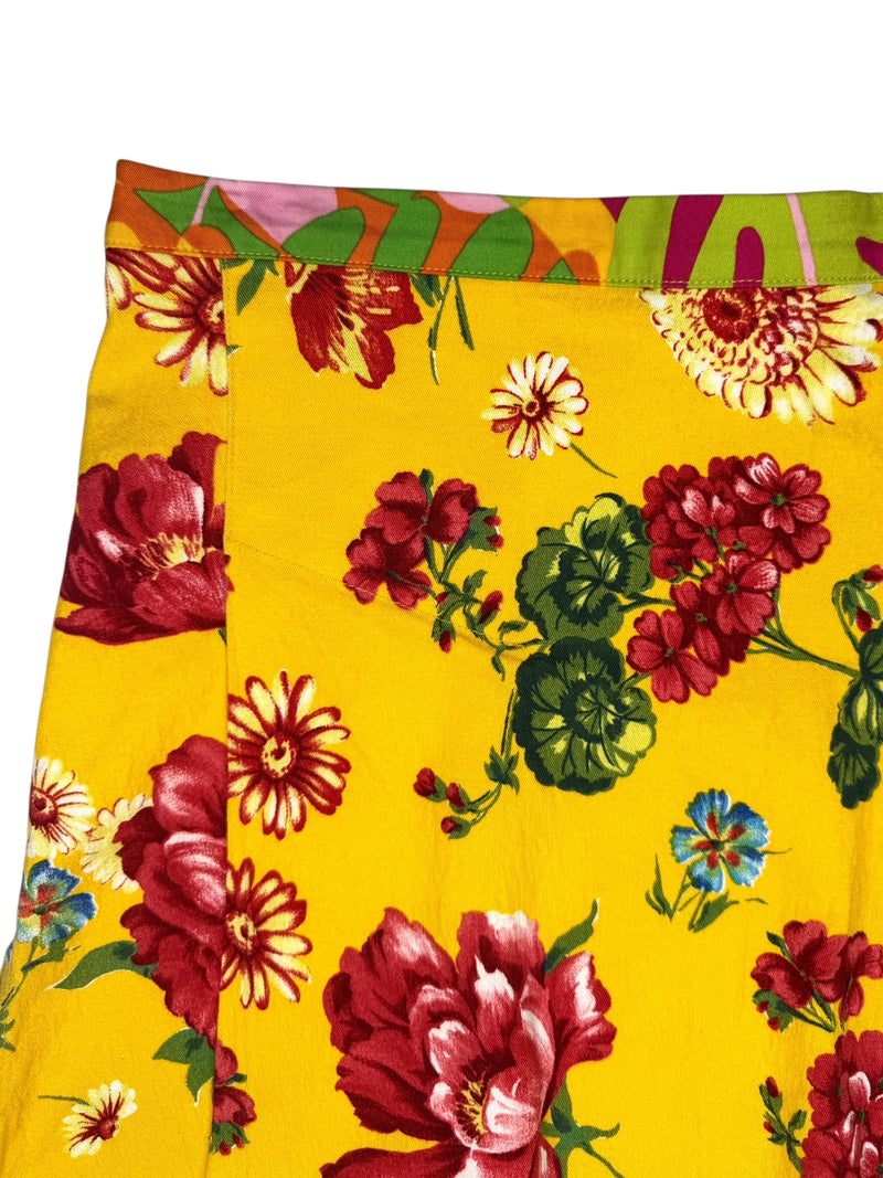 Vintage 2000s Y2K Dolce & Gabbana Bohemian Preppy Low Mid Rise Yellow Floral & Abstract Patterned A-Line Mini Skirt | Size S