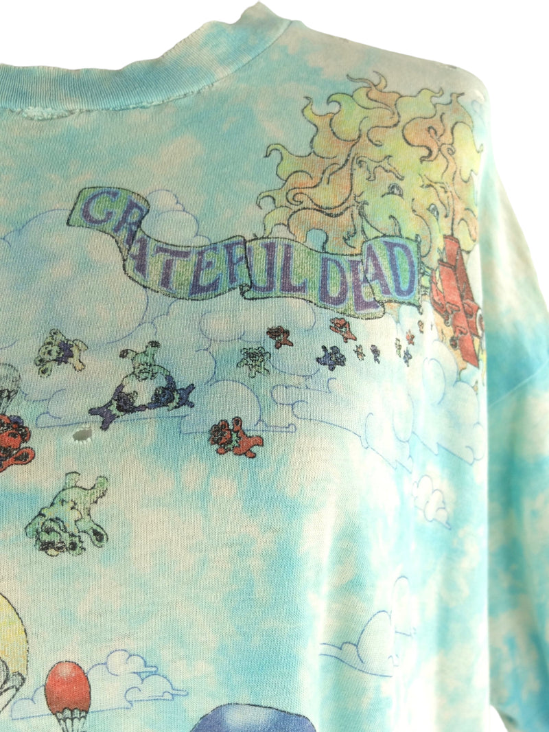 Vintage 90s 1993 Grateful Dead Deadhead Parachute Bears Distressed Blue Tie Dye Acid Wash Graphic Short Sleeve T-Shirt