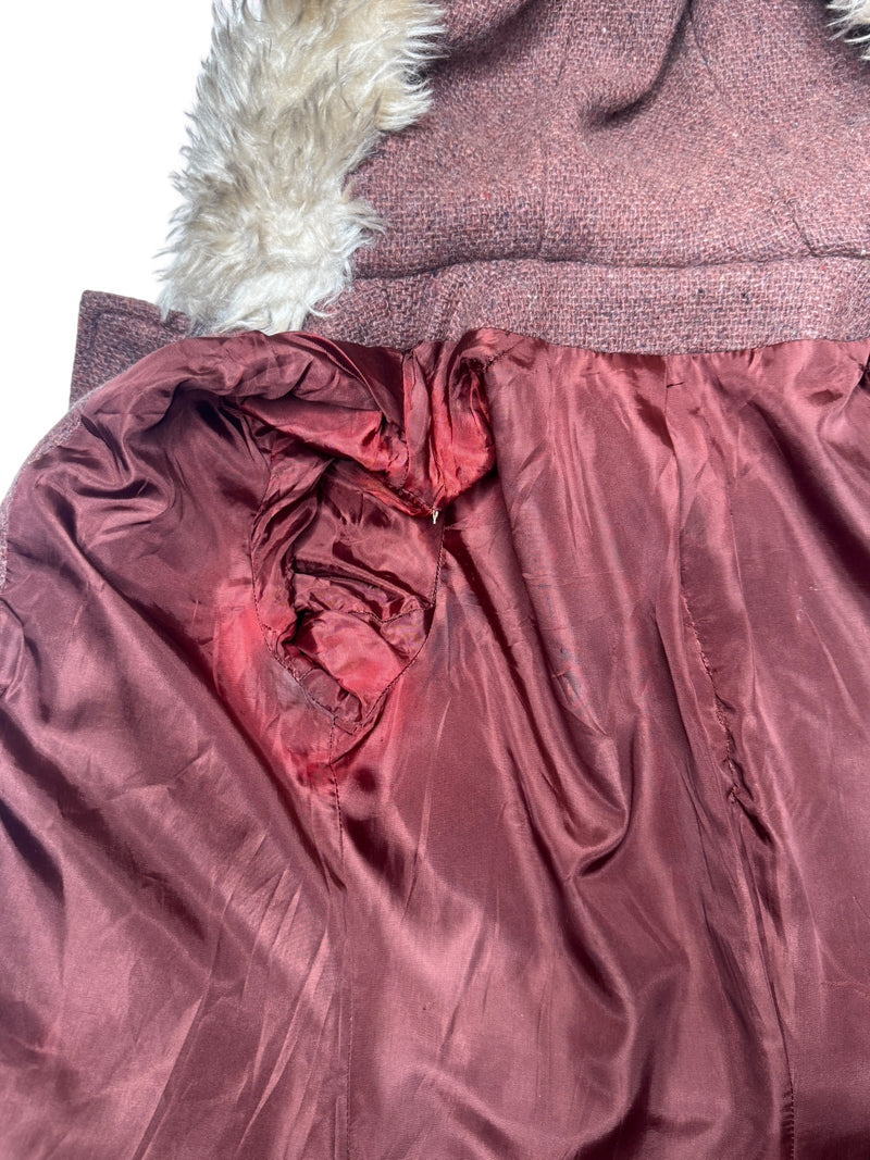 Vintage 70s Mod Bohemian Hippie Rust Orange Brown Woven Button Down Faux Fur Hooded Winter Trench Coat | Size S