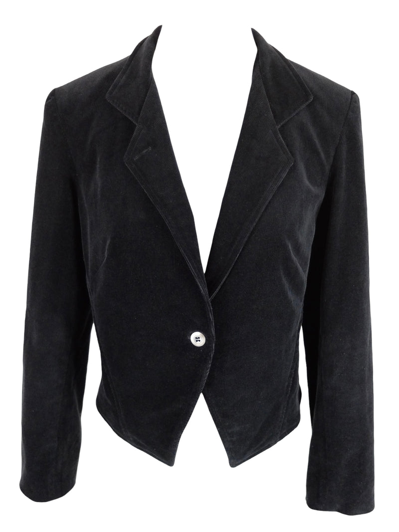 Vintage 90s Chic Formal Minimalist Mod Solid Black Corduroy Velour Collared Fitted Blazer Jacket | Size S-M