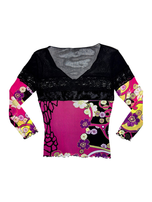 Vintage 2000s Y2K Black Pink & Yellow Abstract Floral V Neck 3/4 Sleeve Mesh Top with Lace and Velour Details | Size S