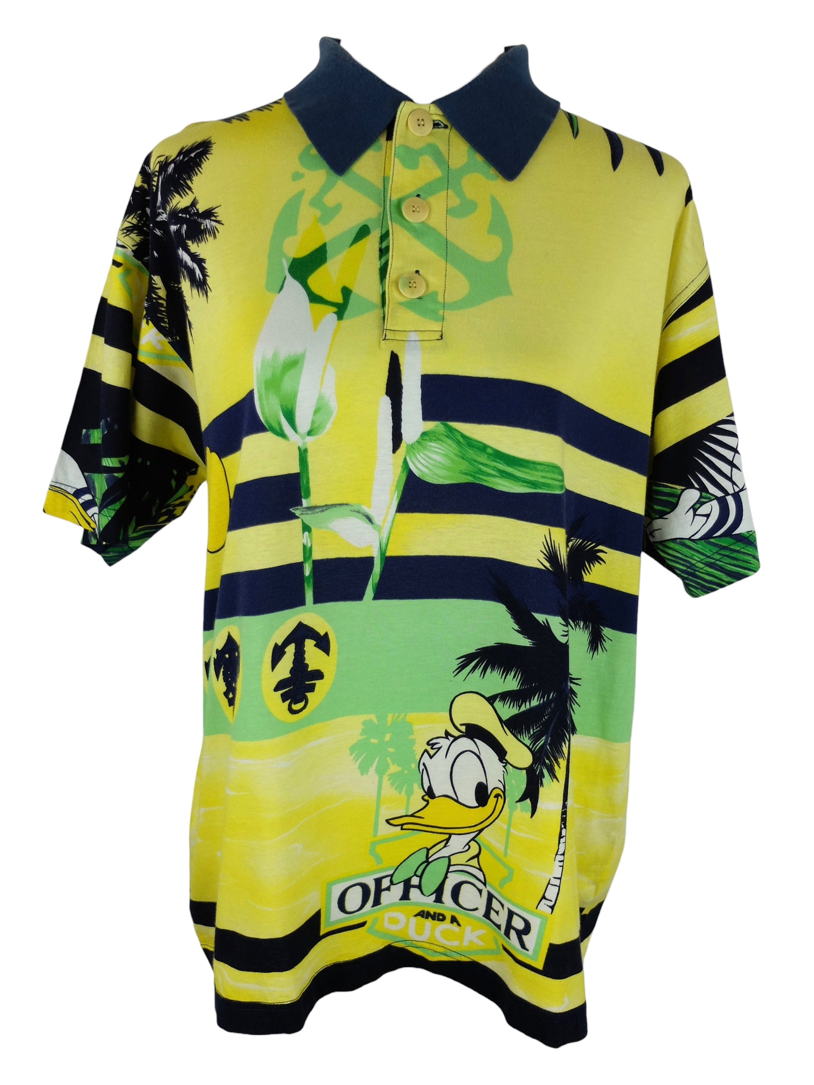 Vintage 90s Y2K Iceberg Men's Streetwear Designer Tropical Graphic Print Collared 1/4 Button Down Short Sleeve Polo Shirt | Men’s Size L-XL