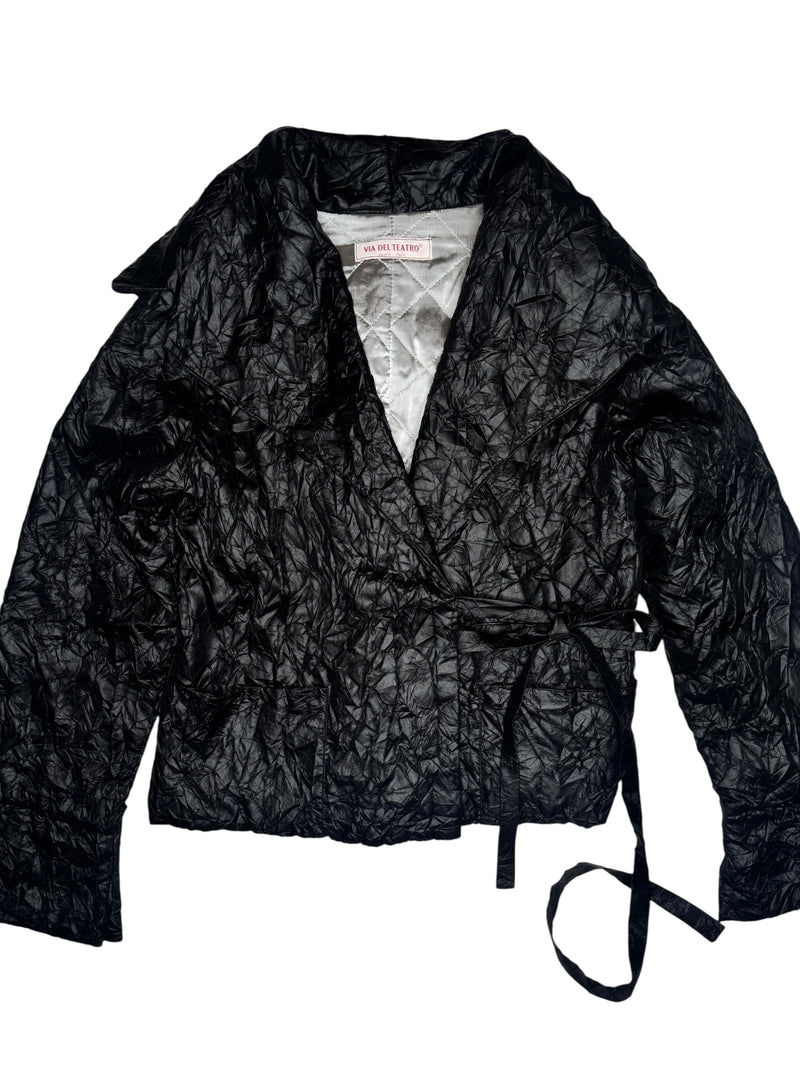 Vintage 2000s Y2K Black Lightweight Collared Crinkle Jacket with Waist Tie | Size L