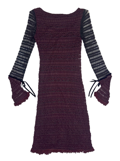 Vintage 2000s GIANFRANCO FERRE Maroon & Black Lace Crochet Long Sleeve Midi Dress | Size XS-S