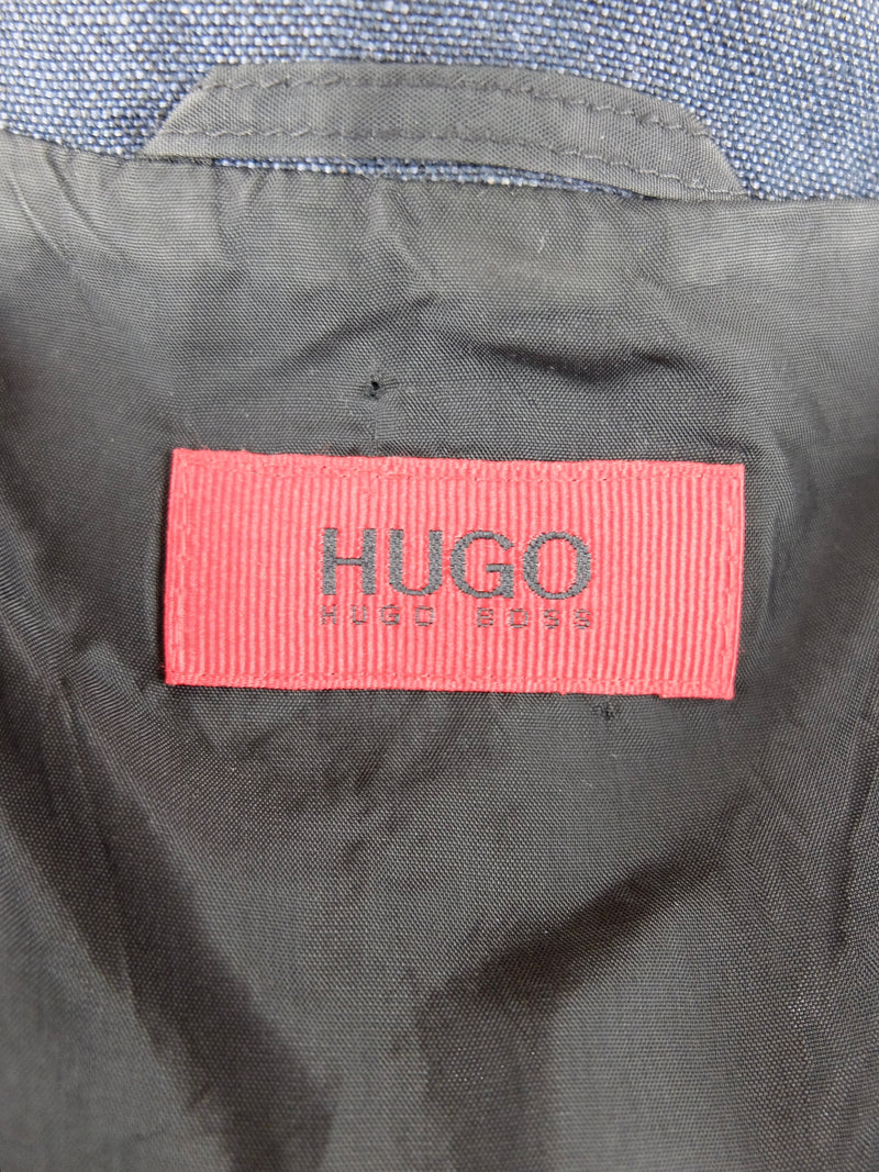 Vintage 2000s Y2K HUGO by Hugo Boss Minimalist Chic Linen Blend Dark Blue Mockneck Fitted Lightweight Blazer Jacket with Hook & Eye Closure | Size S