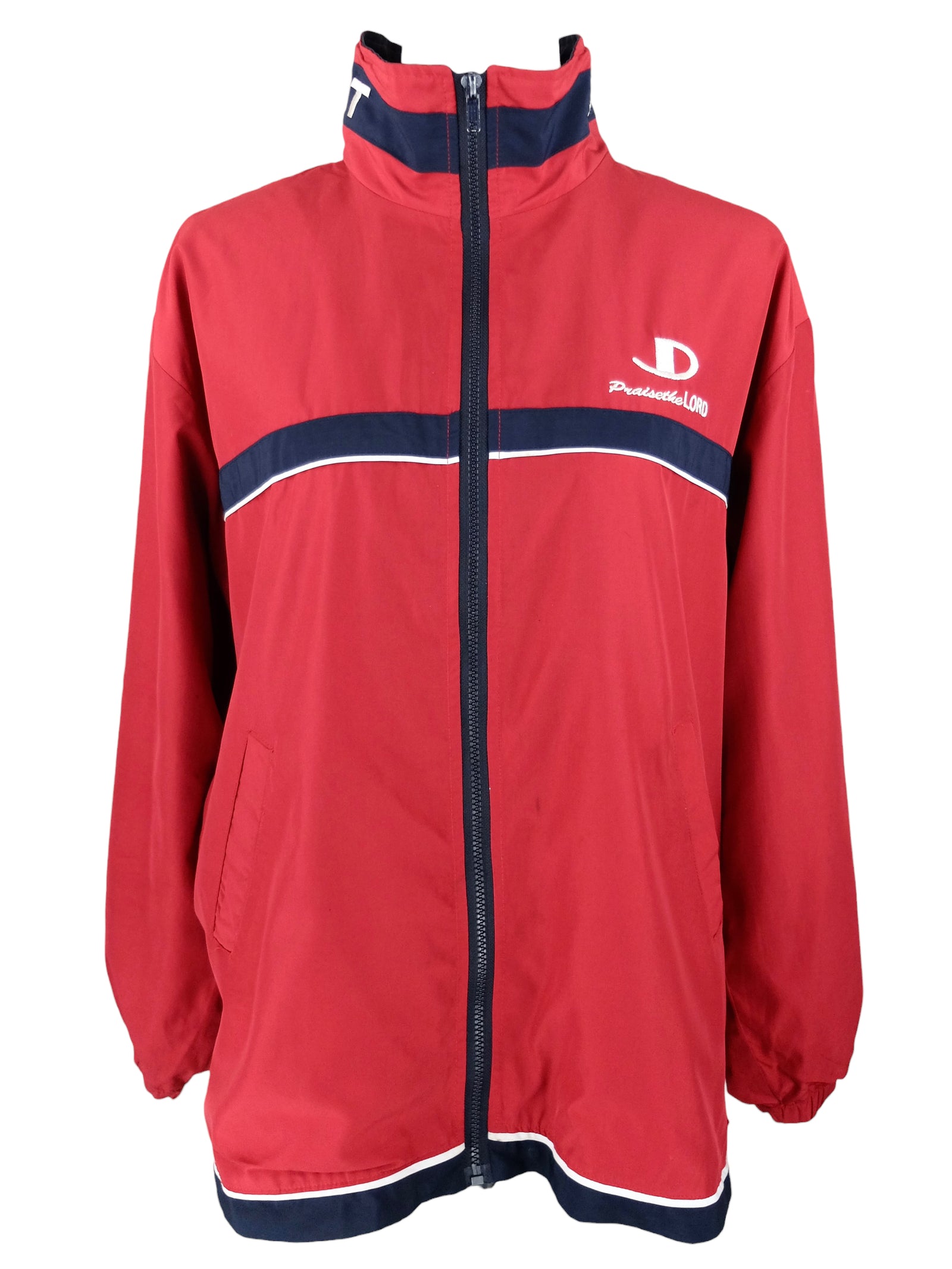 Vintage 2000s Y2K Men’s Streetwear Athletic Style Red & Navy Blue High Roll Neck Hooded Zip Up Windbreaker Jacket | Men’s Size L