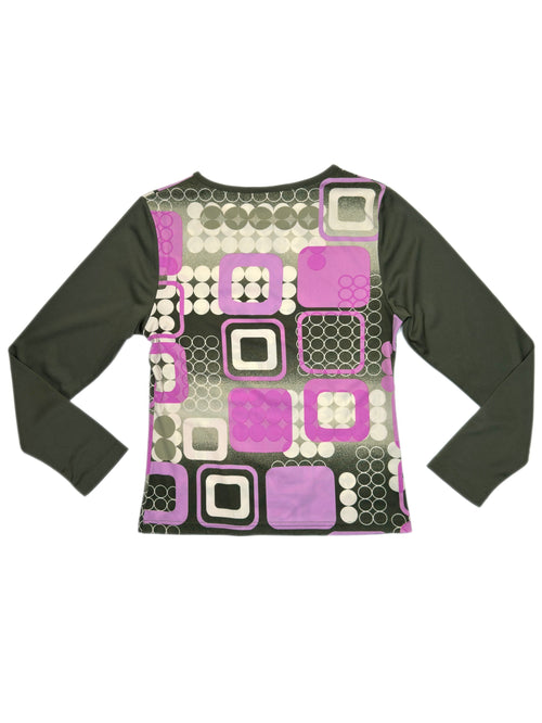 Vintage 2000s Y2K Green Pink & Cream Abstract Geometric Print Stretchy Long Sleeve Top | Size M