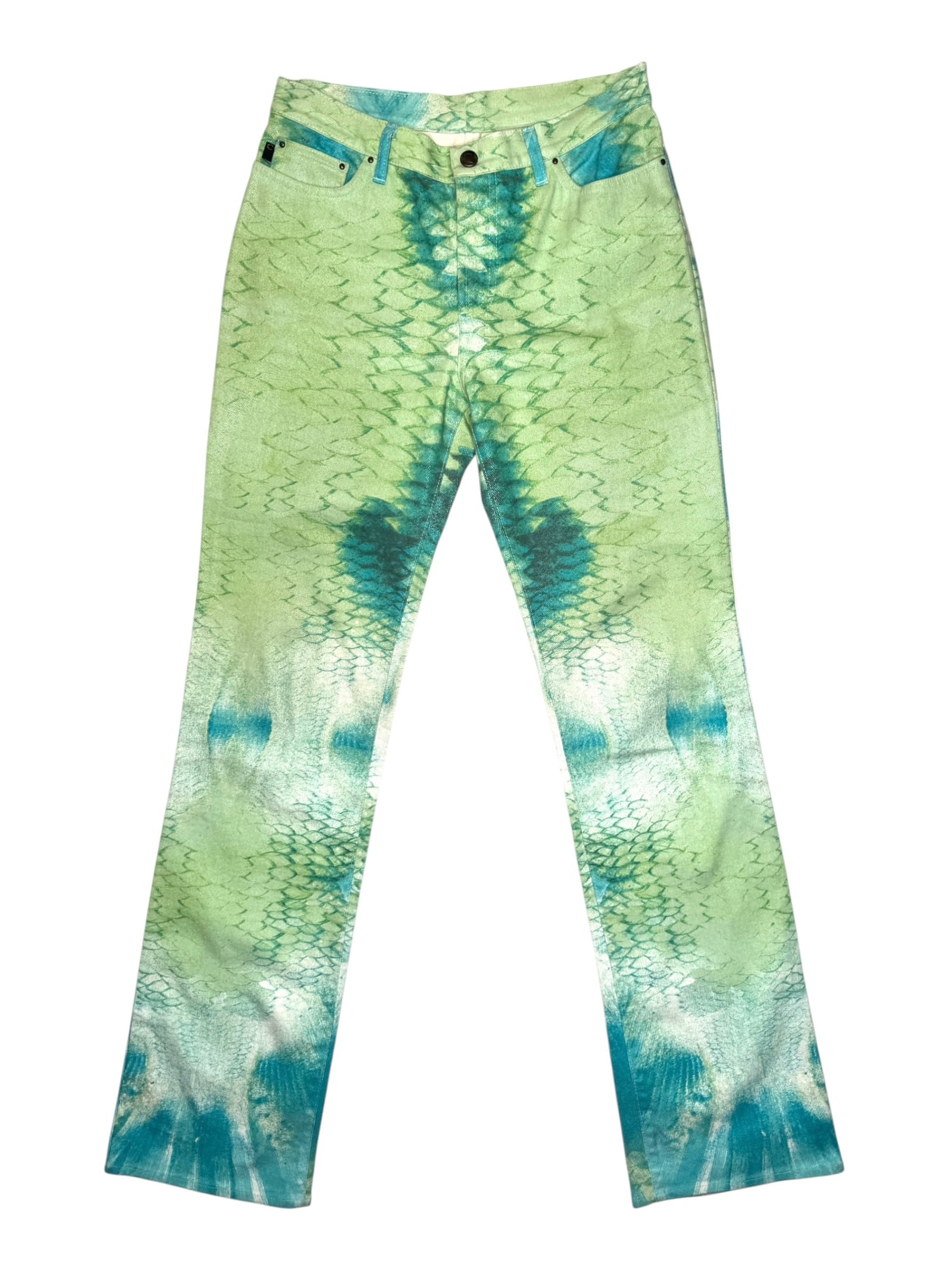 Vintage 2000s CAVALLI Mid-Rise Blue & Green Abstract Snake Print Straight Leg Jeans | Size S-M