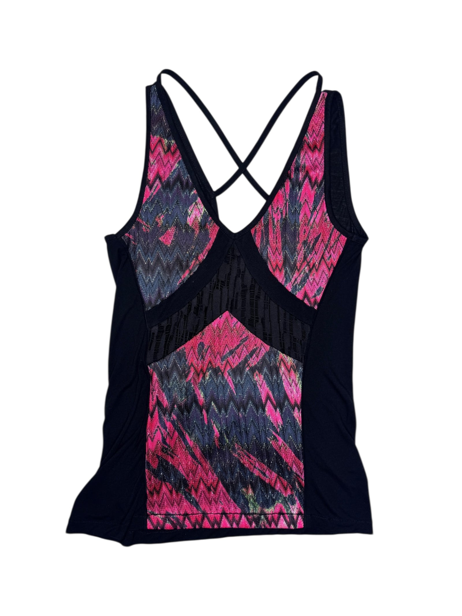 Vintage 2000s CUSTO BARCELONA Pink & Black Abstract Patterned Crossback Sleeveless Tank Top | Size S