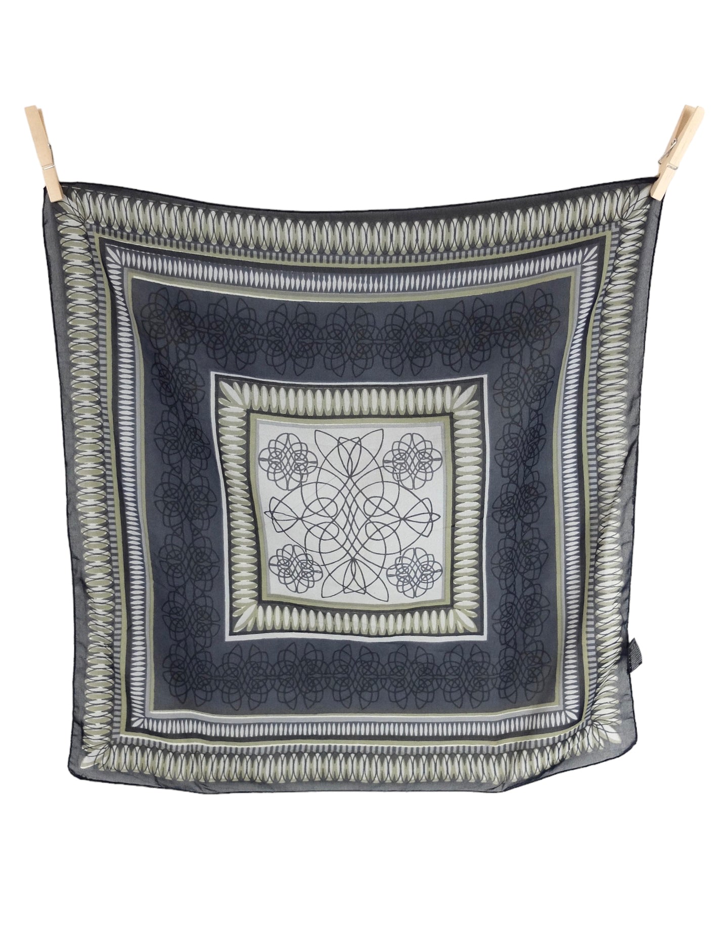 Vintage 90s Chic Bohemian Soft Grunge Grey & Green Abstract Print Small Square Bandana Neck Tie Scarf