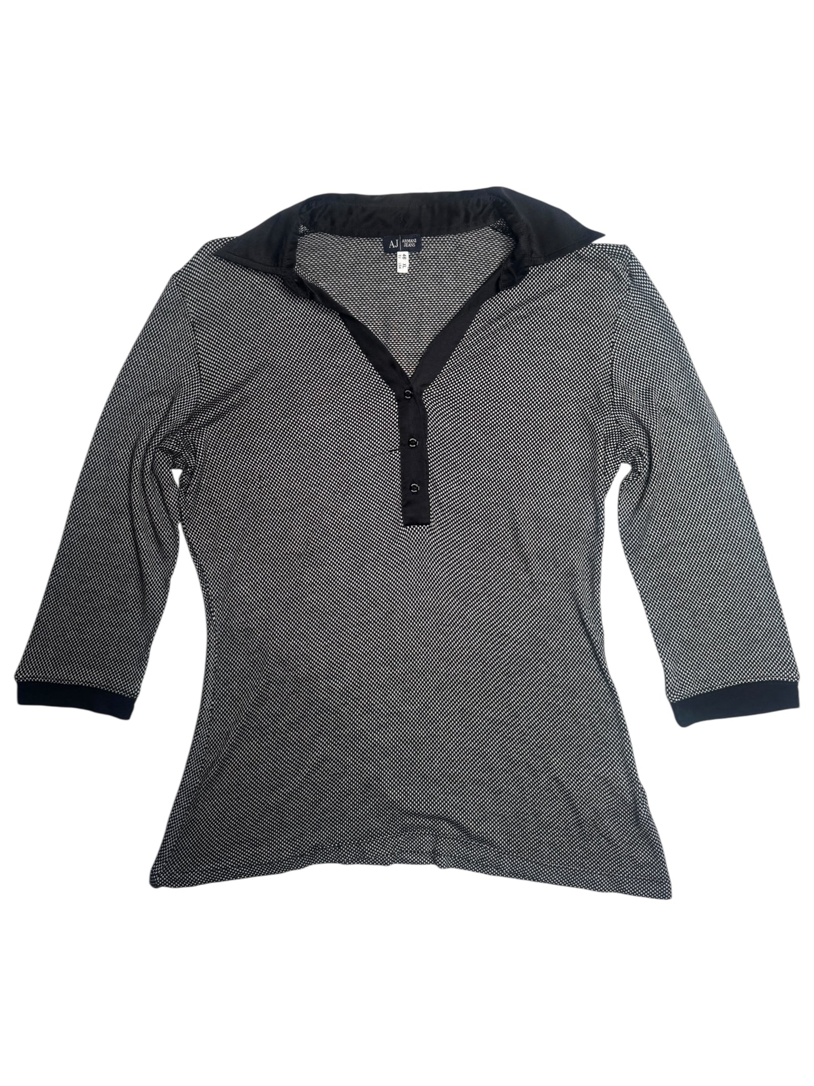 Vintage 2000s Y2K Armani Jeans V-Neck Button Down Black 3/4 Sleeve Blouse | Size L