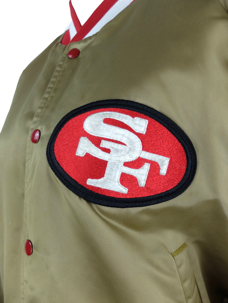 Vintage 80s Athletic San Francisco 49ers Chalk Line Silky Satin Gold & Red Embroidered Letterman Snap Button Down Bomber Jacket | Men’s Size M