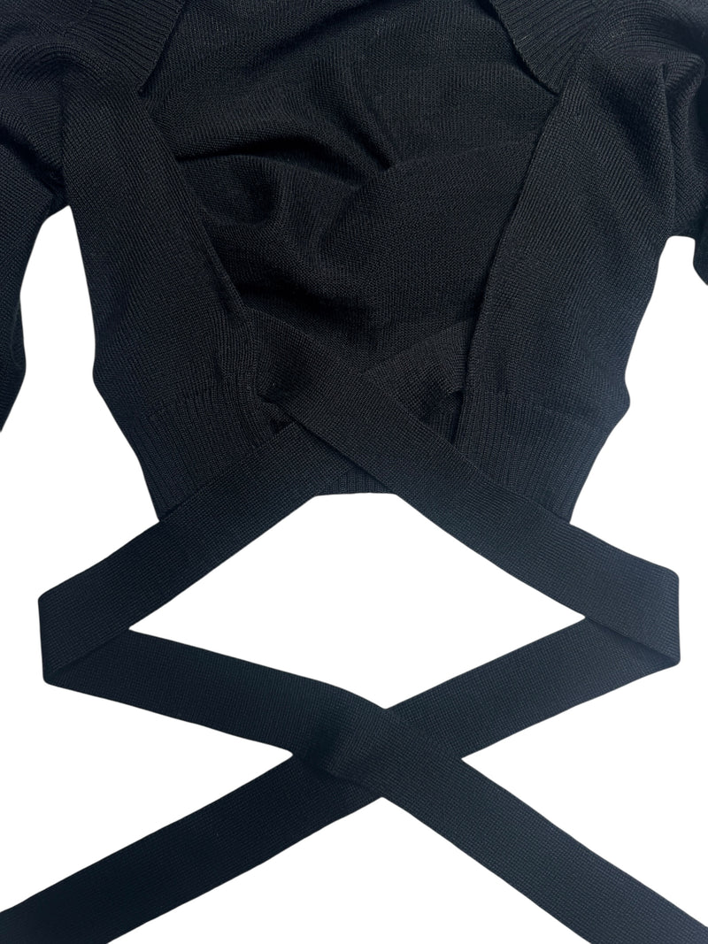 Vintage 2000s Y2K Dolce & Gabbana Subversive Minimalist Black Cropped Wool Bolero Cardigan with Wrap Around Tie | Size XS-S