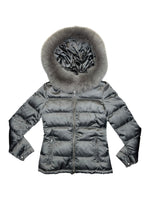 Vintage 2000s PRADA Anthracite Grey Silver Quilted Nylon Down Puffer Jacket with Fox Fur Hood | Size XS