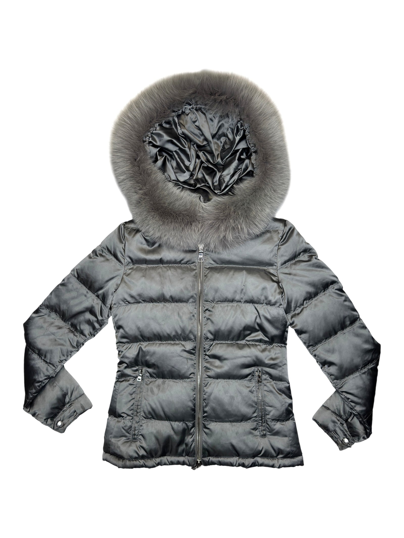Vintage 2000s PRADA Anthracite Grey Silver Quilted Nylon Down Puffer Jacket with Fox Fur Hood | Size XS