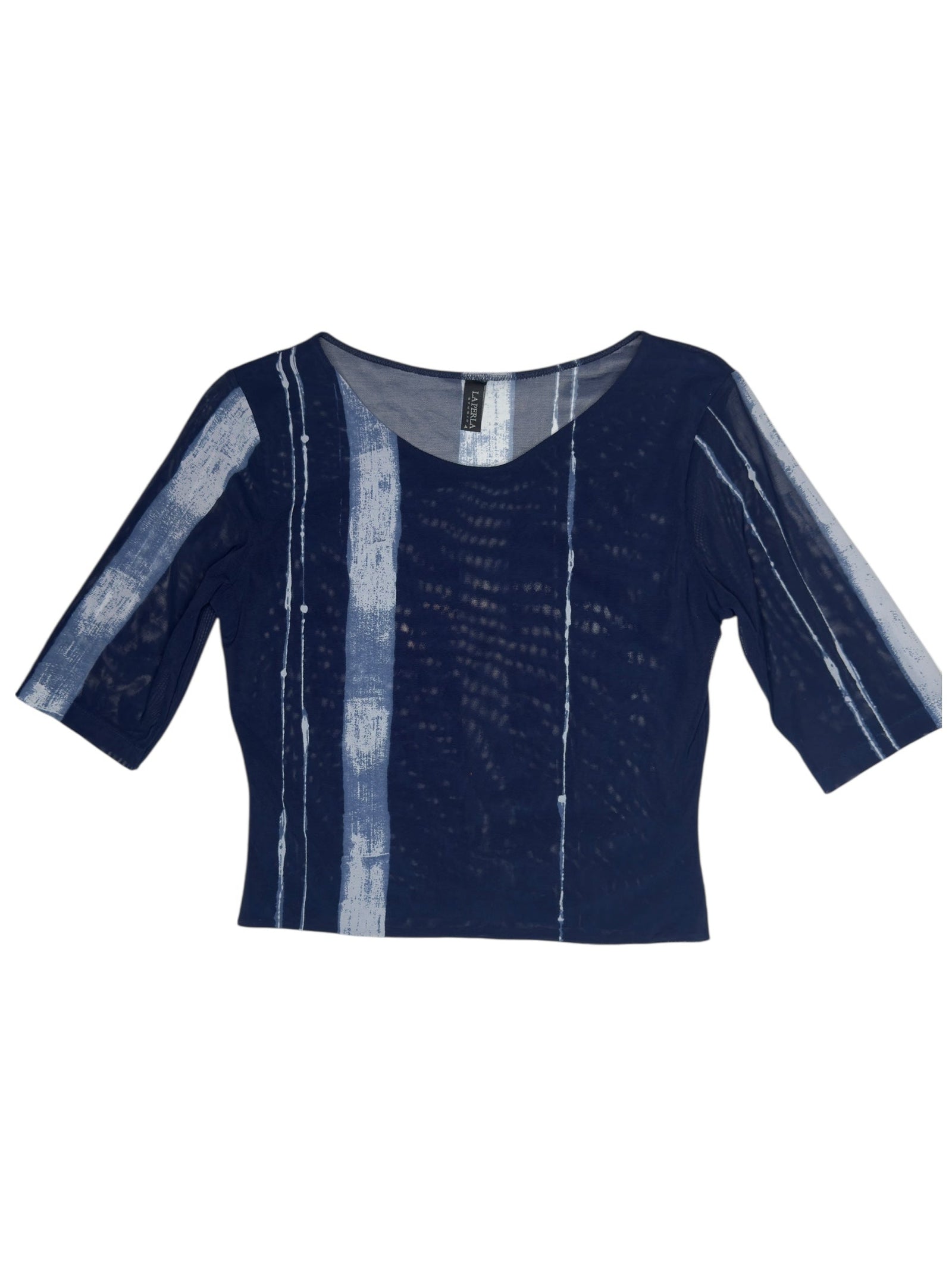 Vintage 2000s La Perla Blue Abstract Patterned 3/4 Sleeve Mesh Top | Size L