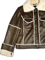 Vintage 2000s Y2K Bohemian Brown Utilitarian Faux Leather Collared Button Down Jacket With Faux Fur Lining | Size M