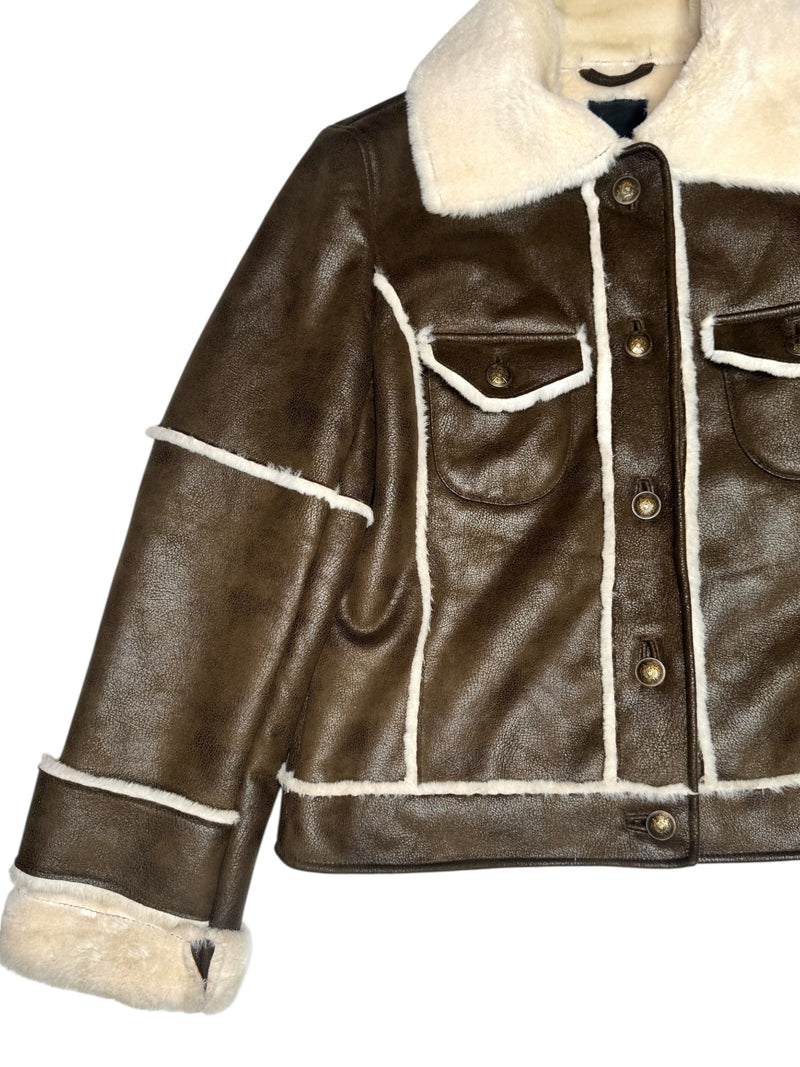 Vintage 2000s Y2K Bohemian Brown Utilitarian Faux Leather Collared Button Down Jacket With Faux Fur Lining | Size M