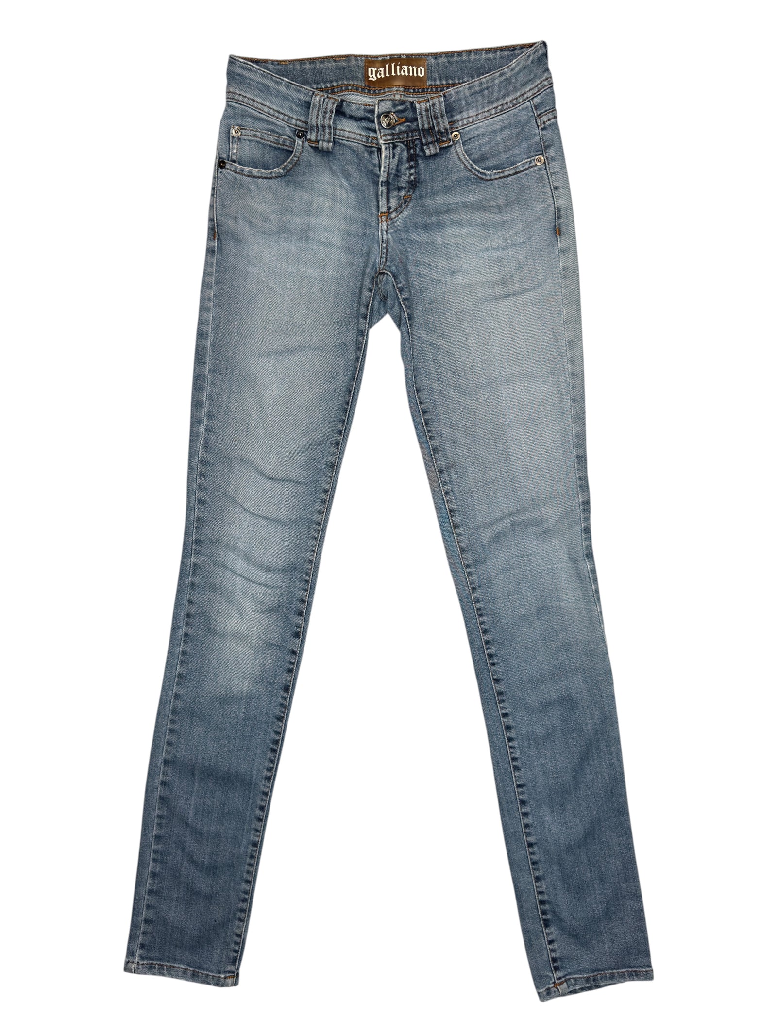 Vintage 2000s GALLIANO Low Rise Light Wash Skinny Jeans with Pink Kiss Pocket Detail | Size S