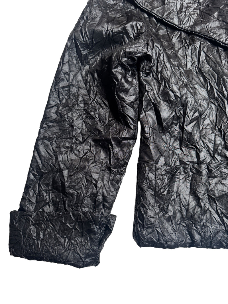 Vintage 2000s Y2K Black Lightweight Collared Crinkle Jacket with Waist Tie | Size L