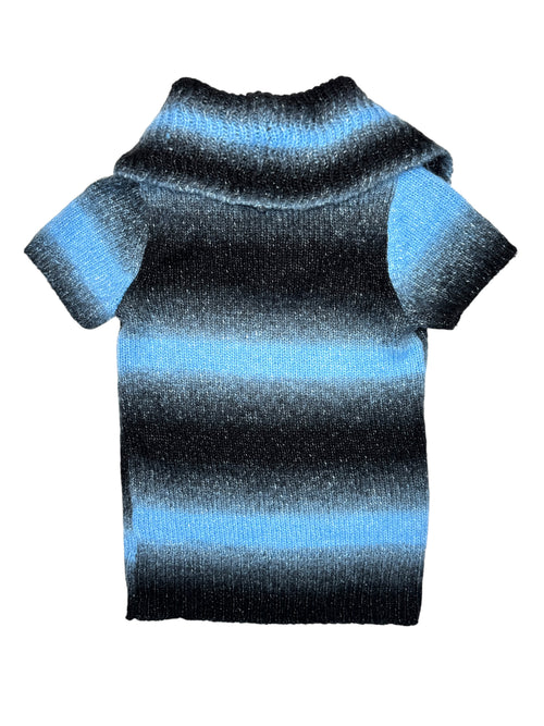 Vintage 2000s Knit Black Grey & Blue Striped Short Sleeve Turtleneck Sweater | Size XS-S