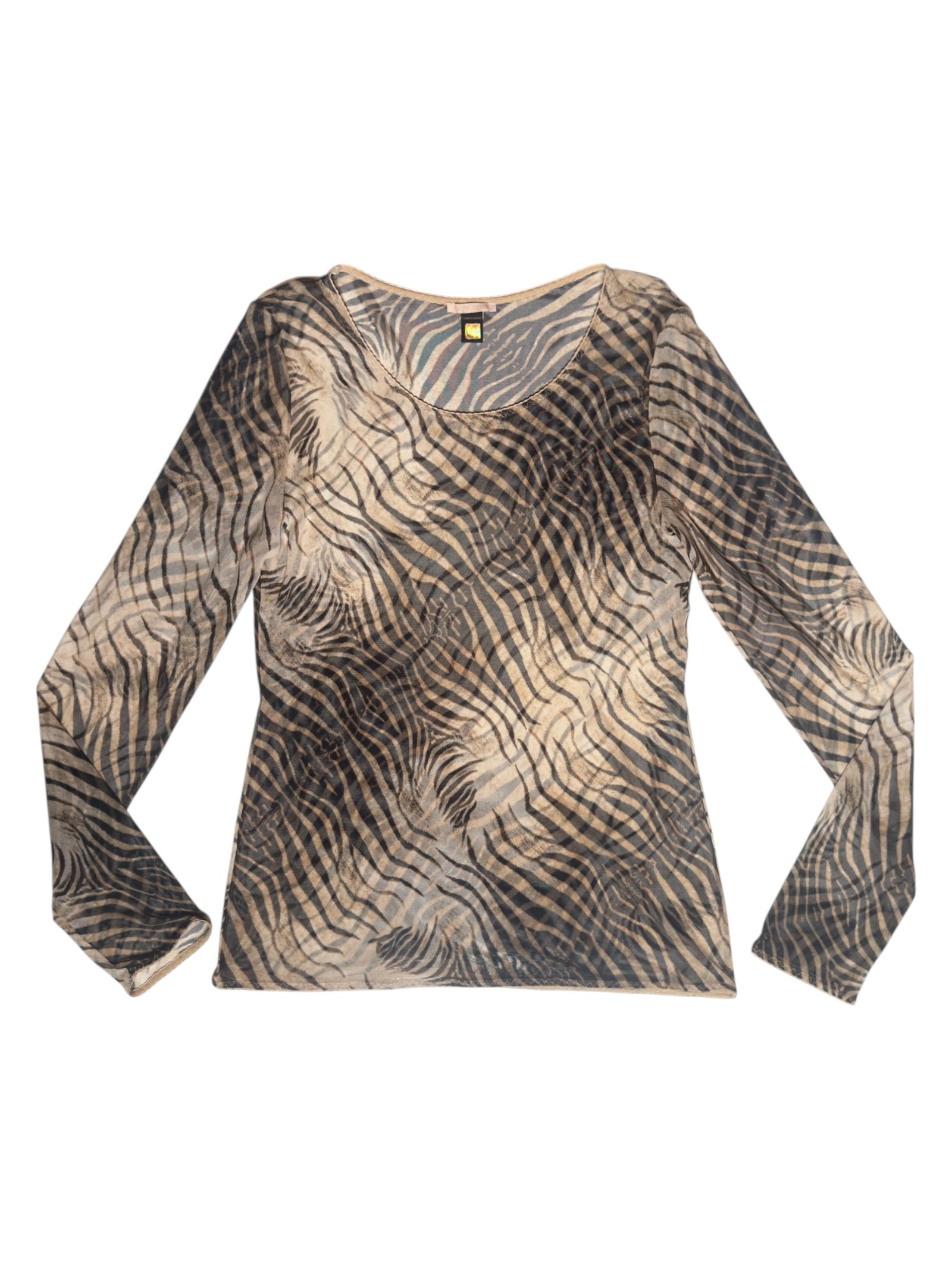 Vintage 2000s Roberto Cavalli Abstract Zebra Animal Print Long Sleeve Mesh Top | Size XL-XXL