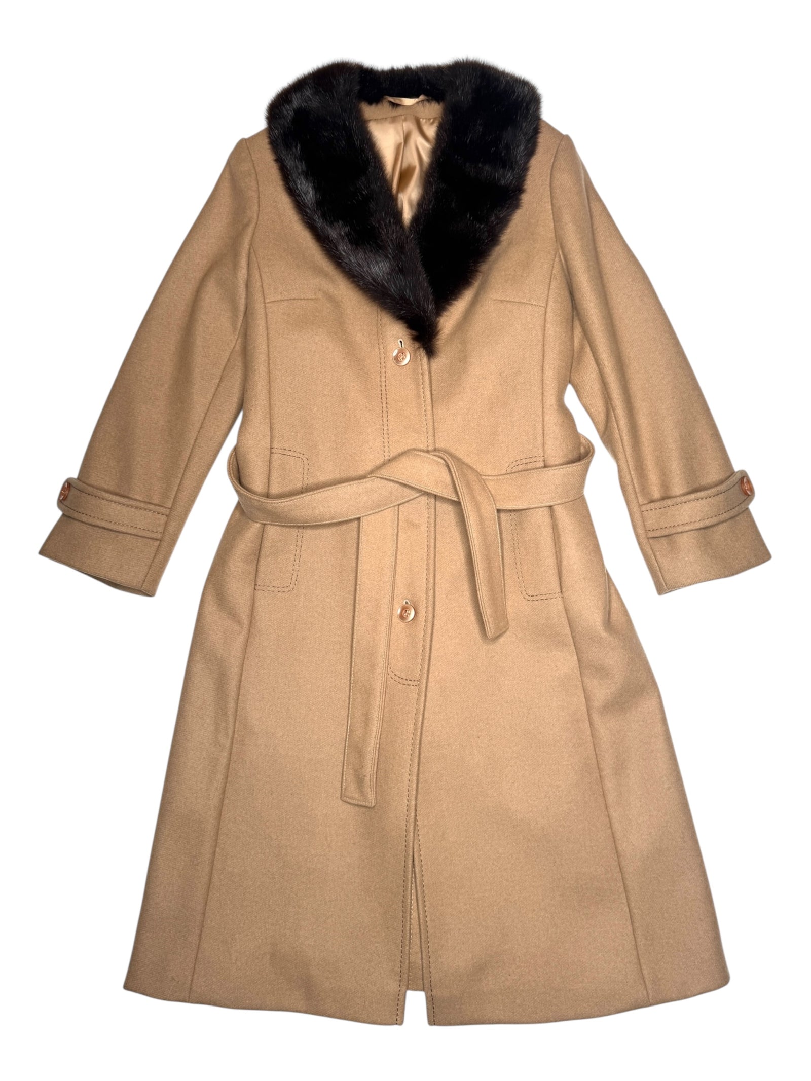 Vintage 70s Mod Bohemian Hippie Tan Button Down Trench Coat With Genuine Fur Trim & Tie Belt | Size S-M