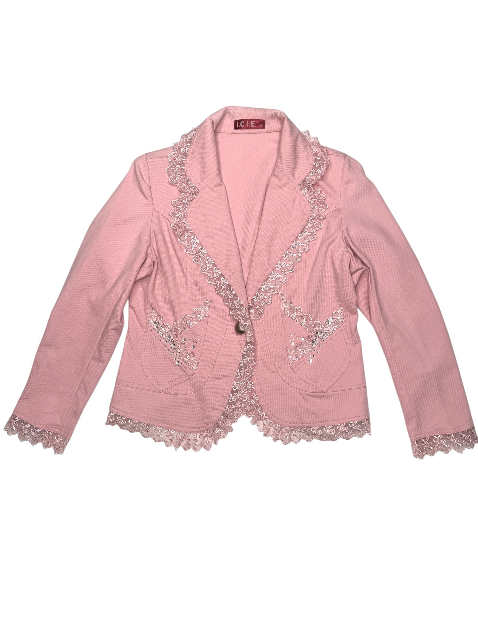 Vintage 2000s Y2K Preppy Chic Pastel Baby Pink Collared Cotton Blazer Jacket with Bedazzled Rhinestones | Size M