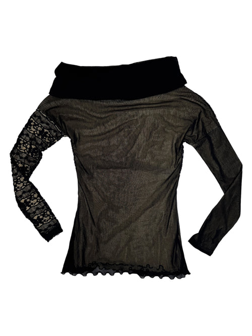 Vintage 2000s Off-the Shoulder Black & Beige Lace Mesh Long Sleeve Top | Size S