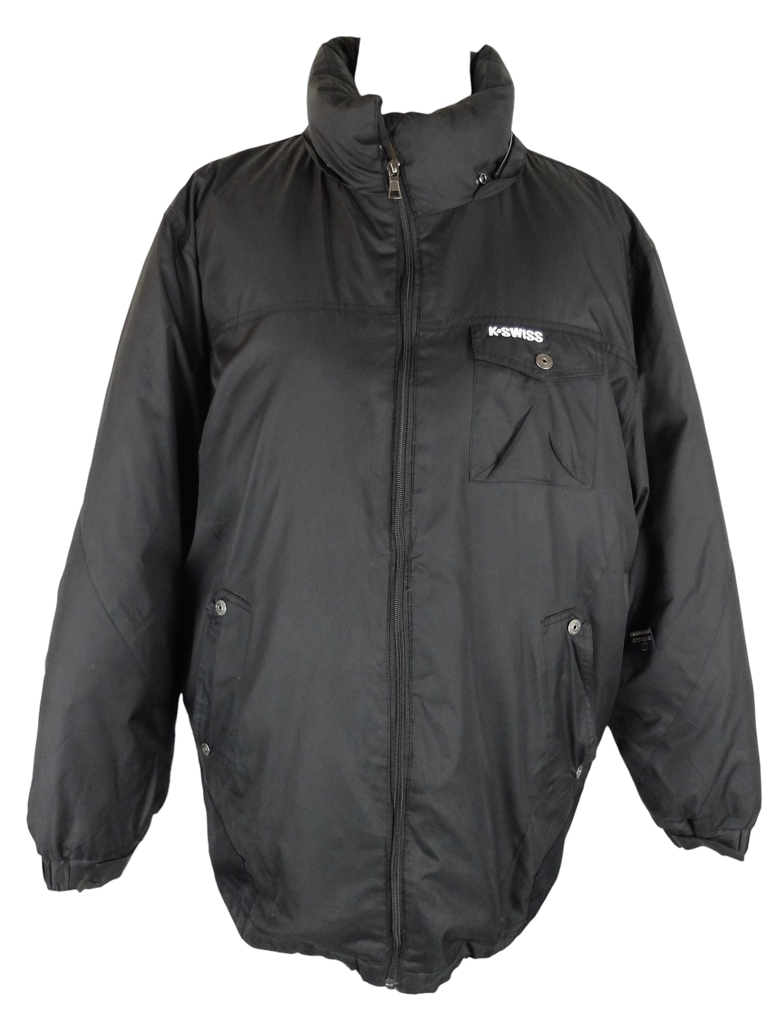 Vintage 90s Y2K Men’s Streetwear Athletic Sportswear Branded K-Swiss Spellout Solid Black High Roll Neck Zip Up Padded Down Feather Winter Puffer Jacket | Men’s Size XL