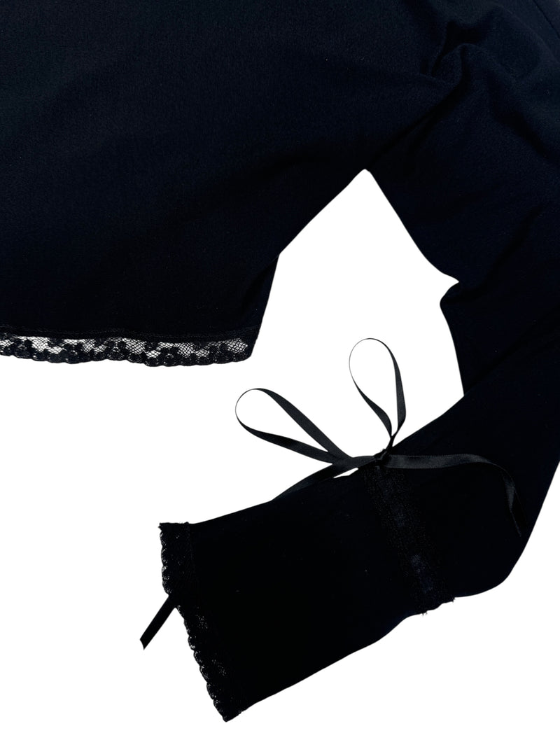 Vintage 2000s Y2K Blumarine Black Cropped Long Sleeve Bolero Style Lace Trim Blouse with Rhinestone Detail | Size M-L