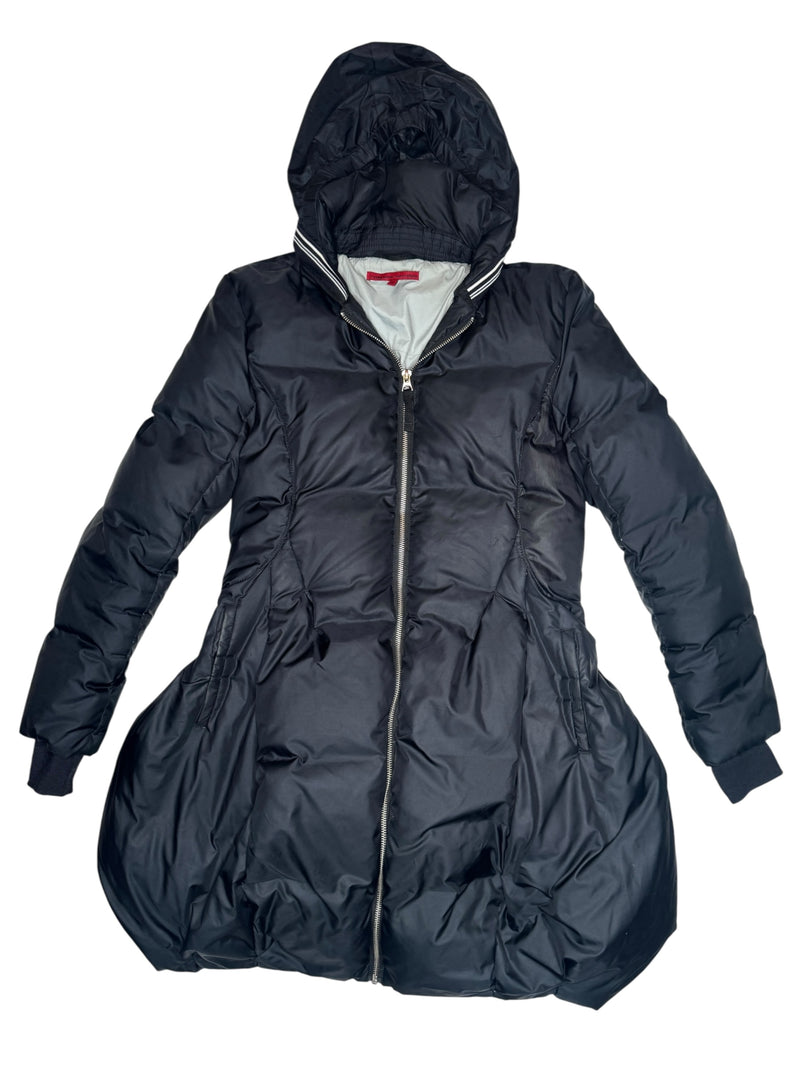 Vintage 2000s Y2K Marithé + François Girbaud Subversive Black Down Feather Peplum Style Hooded Puffer Jacket | Size S