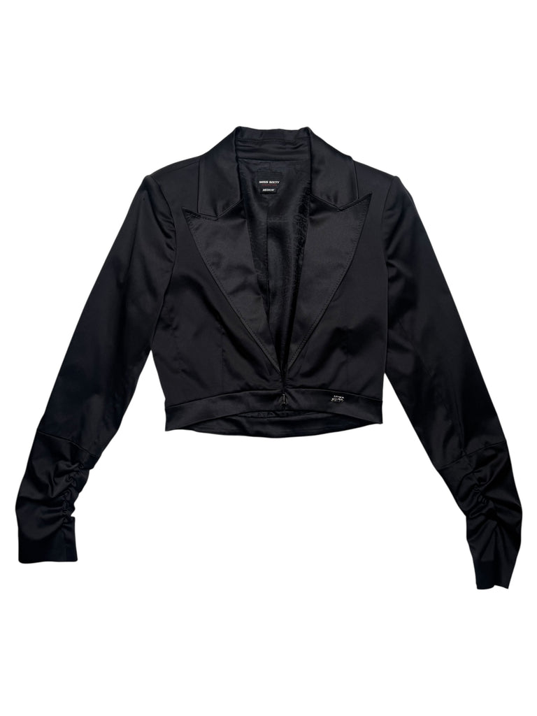 Vintage 2000s Y2K Miss Sixty Gothic Grunge Black Cropped Silky Blazer Jacket with Ruched Sleeves | Size S-M