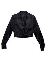 Vintage 2000s Y2K Miss Sixty Gothic Grunge Black Cropped Silky Blazer Jacket with Ruched Sleeves | Size S-M