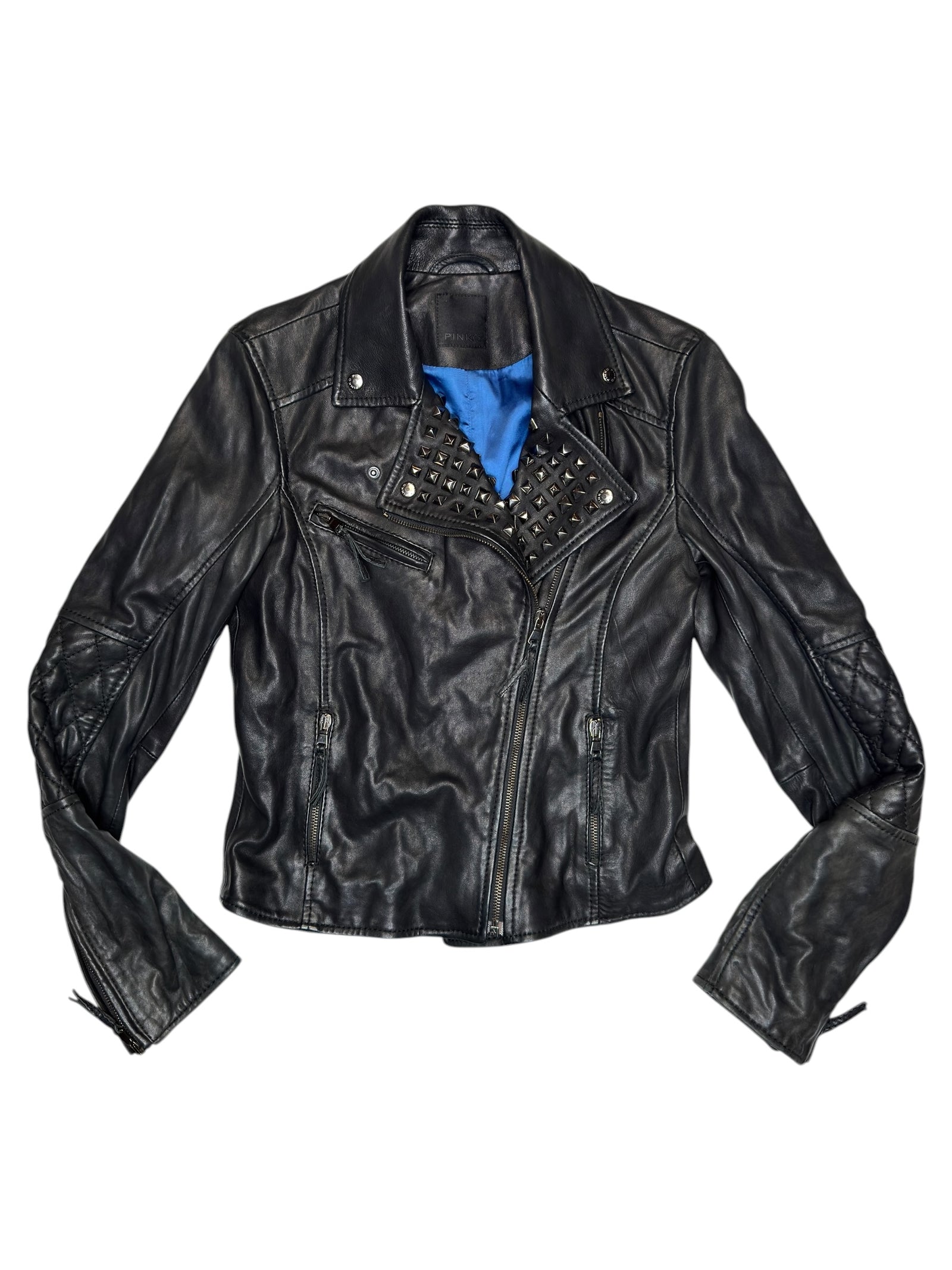 Vintage 2000s PINKO Black Studded Moto Leather Jacket | Size S