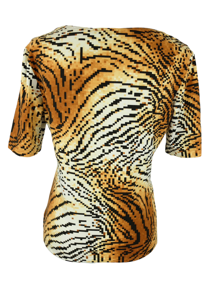 Vintage 2000s Y2K Escada Designer Digital Cyber Tiger Animal Print Scoop Neck Half Sleeve T-Shirt Blouse | Size M