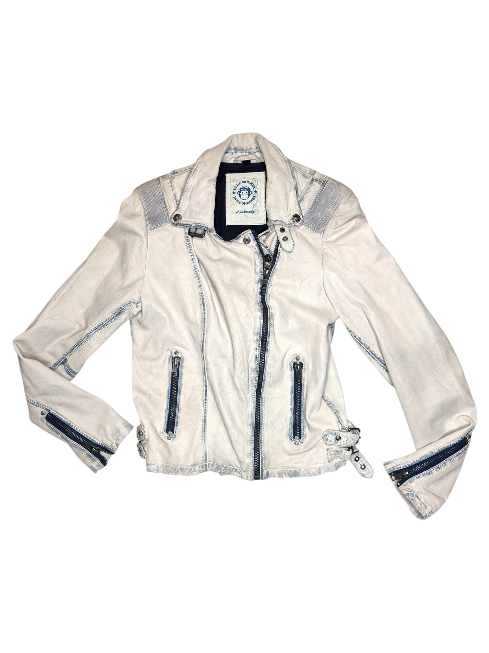 Vintage 2000s White & Blue Stone Washed Moto Faux Leather Jacket | Size M