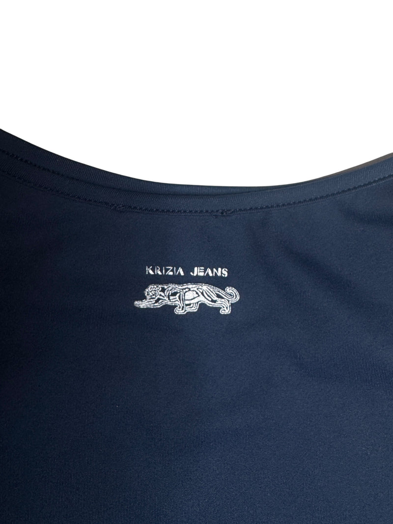 Vintage 2000s Y2K Krizia Jeans Blue Rhinestone Logo Sleeveless Tank Mini Dress | Size M