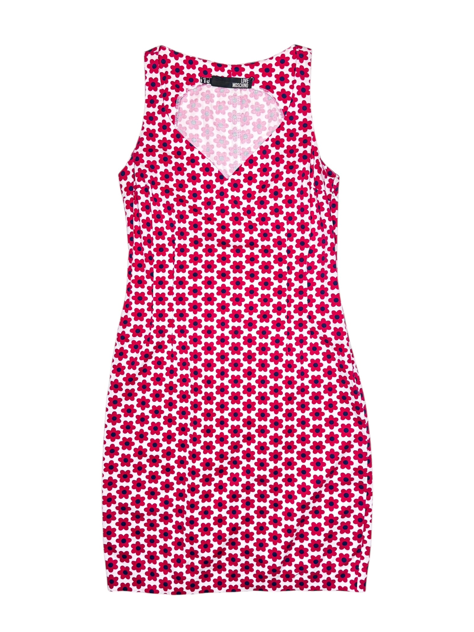 Vintage 2000s Moschino Red & White Floral Tank Below-the-Knee Midi Dress | Size S