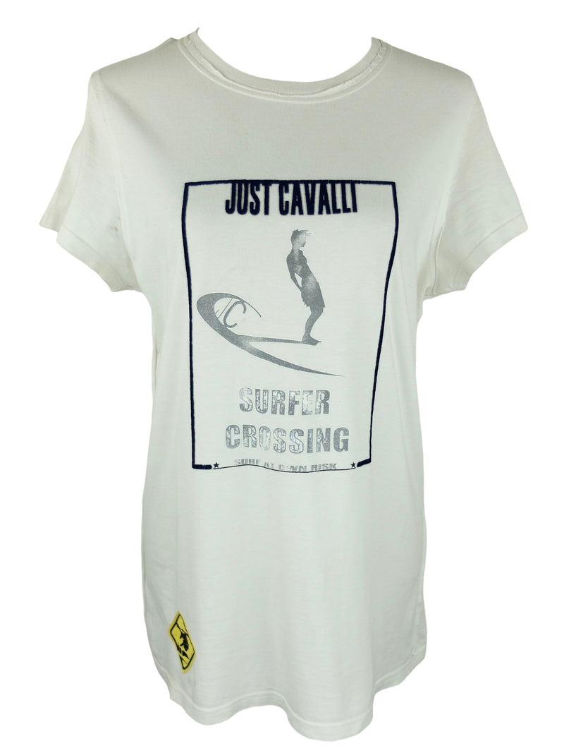 Vintage 2000s Y2K Just Cavalli Beachwear Men's White Crew Neck Short Sleeve Surfer Crossing Graphic T-Shirt | Men's Size L