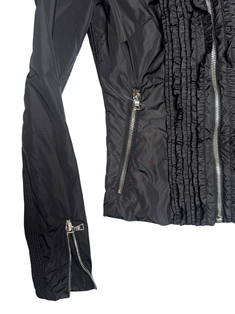 Vintage 2000s Y2K Prada Black Moto Nylon Fitted Utility Track Windbreaker Jacket with Ruffle Detail | Size XXS