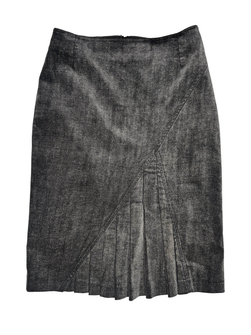 Vintage 2000s Y2K Preppy Soft Grunge Velour Corduroy Midi Skirt With Pleated Detail | Size S