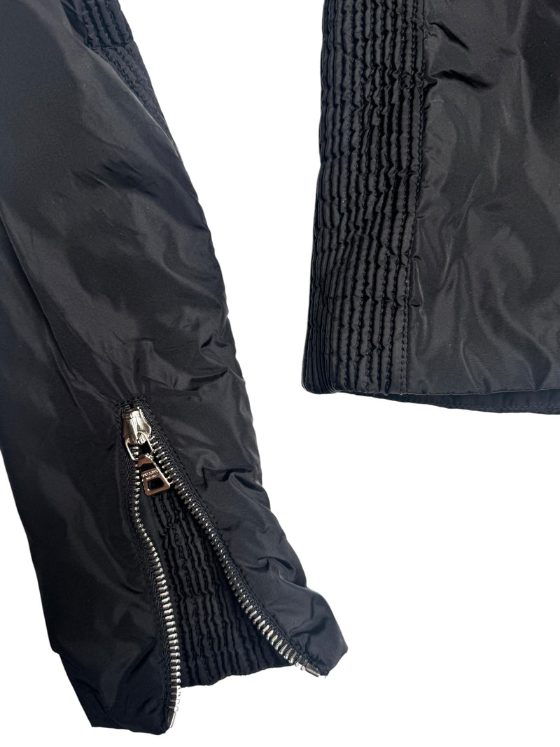 Vintage 2000s Y2K Prada Black Moto Nylon Fitted Utility Track Windbreaker Jacket with Ruffle Detail | Size XXS