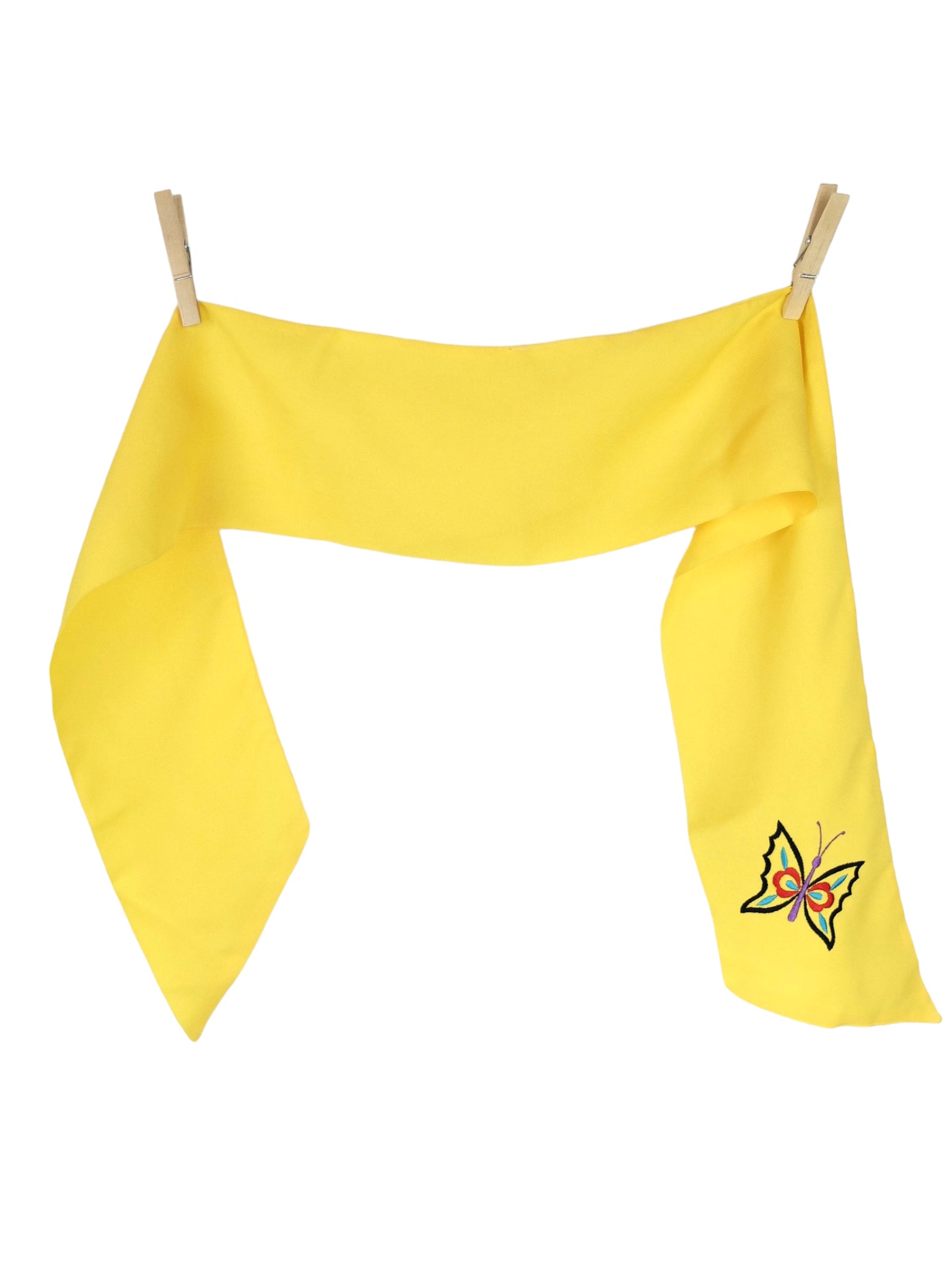 Vintage 80s Mod Bohemian Hippie Psychedelic Bright Solid Yellow Thin Long Neck Tie Scarf with Butterfly Embroidery