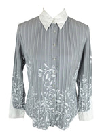 Vintage 2000s Y2K Grey & White Collared Striped Floral Print Long Sleeve Button Up Blouse | Size M
