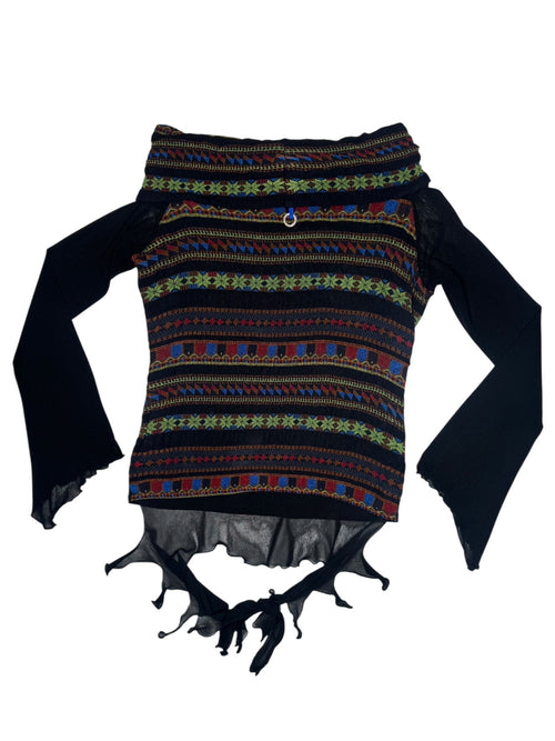 Vintage 2000s Save the Queen Abstract Long Sleeve Off the Shoulder Butterfly Mesh Sleeve Top with Waist Tie | Size L