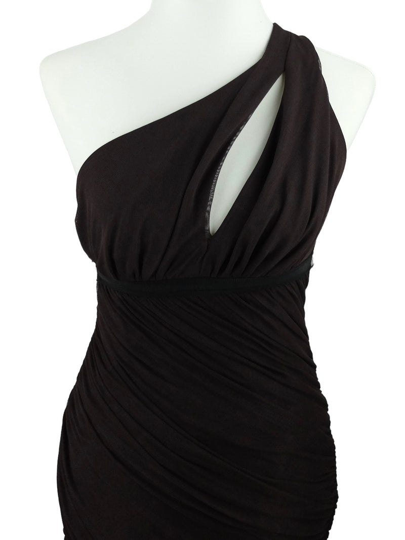 Vintage 2000s Y2K BCBG Maxazria Clubwear One Shoulder Asymmetrical Draped Fitted Pencil Mini Dress with Cutout Detail | Size S