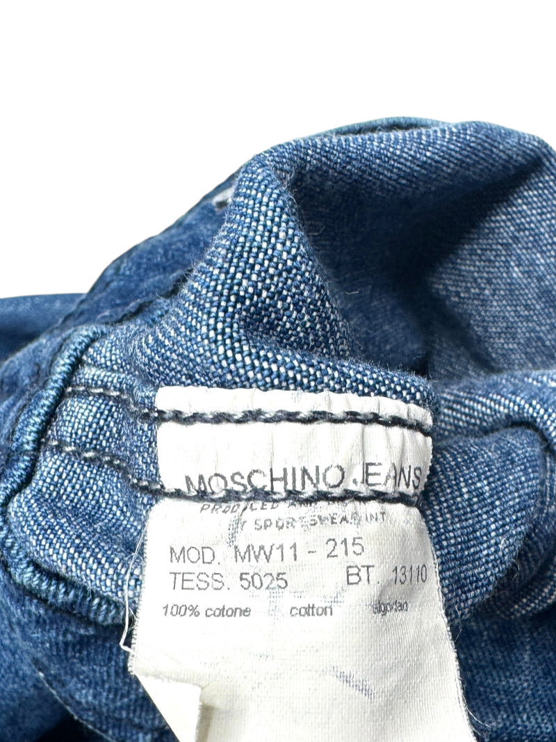 Vintage 2000s Y2K Moschino Jeans Cropped Blue Medium Wash Collared Button Down Denim Jacket | Size M-L